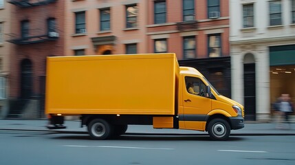 Fototapeta premium A yellow delivery truck drives down a city street, with blurred background of buildings and pedestrians.