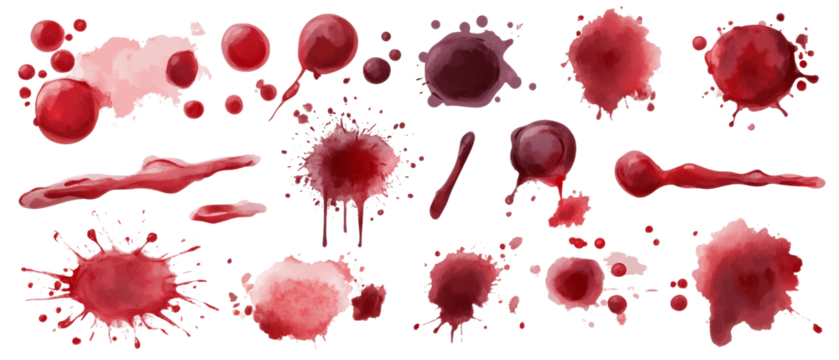 Set of blood stains, isolated transparent background