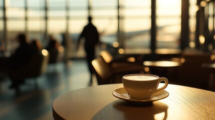 A closeup of a premium coffee cup with latte art in an airport cafe, captured with soft, diffused lighting that highlights the rich textures and warm colors. The background features a slightly blurred