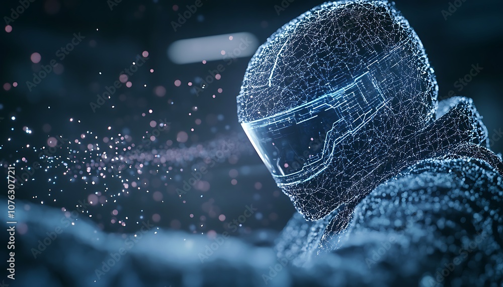 Aufkleber A futuristic figure in a helmet, surrounded by shimmering particles, embodies a blend of technology and mystery in a dark, digital environment.