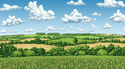 Obraz premium A beautifully illustrated rural landscape showcases lush green fields and fluffy white clouds under a bright blue sky, creating a serene and picturesque scene for landscapes.