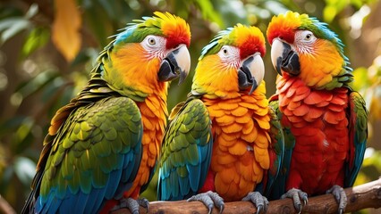 Obraz premium A vibrant and colorful close up of two parrots perched on a branch, their feathers glistening in the sunlight.