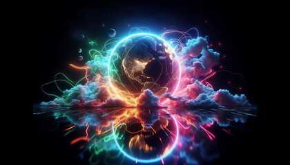 Colorful Landscape with Neon Lights, Earth Background,  Bright and Tranquil Nature, for Home Decor, YouTube Thumbnail, Design, Music Cover Art, 4K Wallpaper