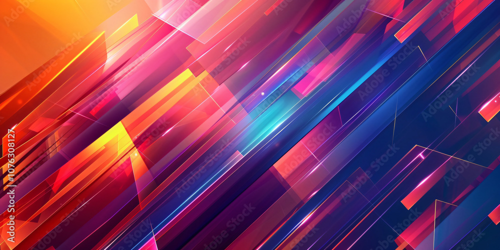 Poster a dynamic abstract composition features vibrant colors and sharp lines, creating an energetic visual