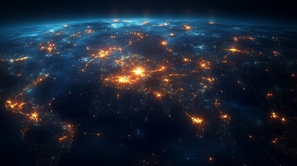 Map of the world with blue lights connecting, Technology network connecting earth map