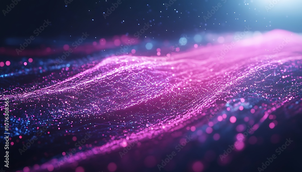 Fototapete A vibrant display of illuminated particles flowing dynamically, creating a mesmerizing effect with shades of pink and blue against a dark background.