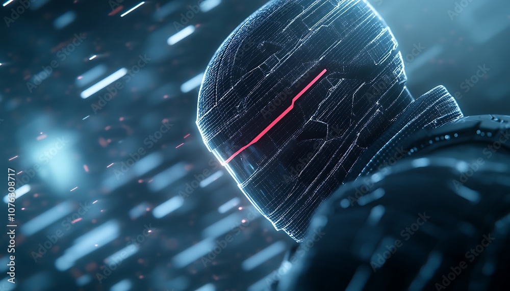Aufkleber a futuristic warrior with a glowing helmet stands against a backdrop of falling snow, showcasing a m