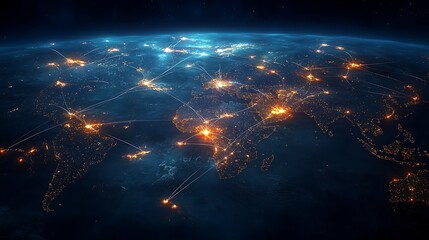 Map of the world with blue lights connecting, Technology network connecting earth map