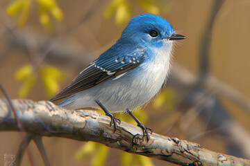 Fototapeta premium A close-up view of a blue bird perched on a branch showcases its vibrant feathers and charming expression, highlighting the beauty of nature in a detailed and realistic style for animals.
