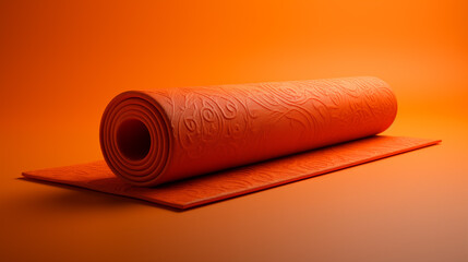 Orange yoga mat unrolling on the floor, ready for a peaceful practice session , A vibrant orange yoga mat being unrolled, creating a calming space for exercise .