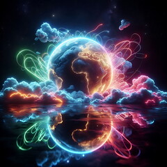 Earth Background, Colorful Landscape with Neon Lights, Bright and Tranquil Nature, for Home Decor, YouTube Thumbnail, Design, Music Cover Art, 4K Wallpaper