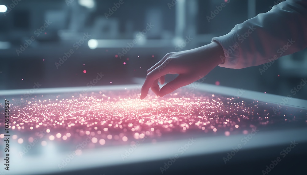 Poster A hand delicately interacts with a luminous surface covered in sparkling particles, creating an ethereal and futuristic ambiance.
