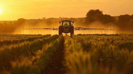 Fototapeta premium A stunning image of a tractor spraying crops in a golden field at sunset, creating a beautiful scene that highlights the importance of agriculture and land management for lifestyle.