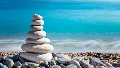 Fototapeta premium Pile of pebbles on a beach, panoramic blue water background, balanced stack of stones with blue sea water background. zen pebbles, relax, massage, meditation.