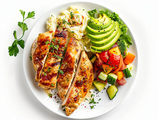 A beautifully arranged plate presents grilled chicken with vegetables and mashed potatoes, emphasizing a balanced and appetizing meal for food.