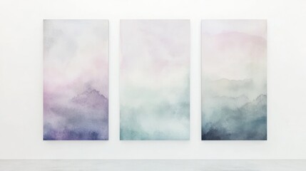 Abstract watercolor art displayed in a minimalist gallery.