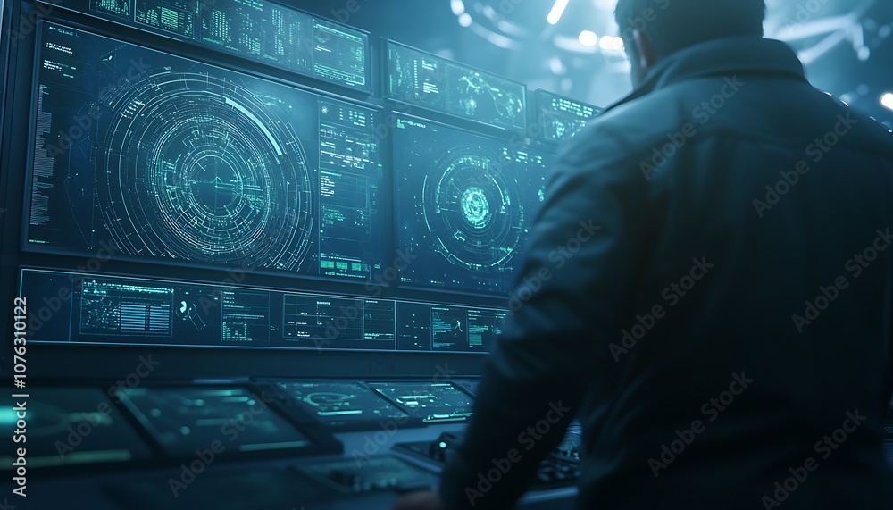 Poster A person interacts with futuristic screens displaying intricate digital graphics in a high-tech environment.