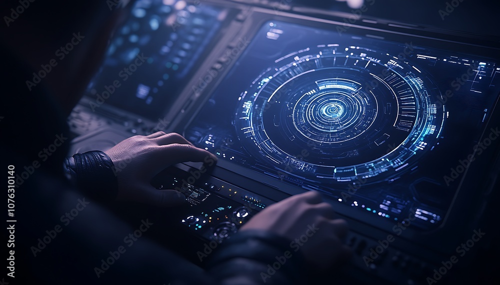 Poster A futuristic control panel displays intricate holographic data, with a user manipulating controls, set in a dimly lit environment.