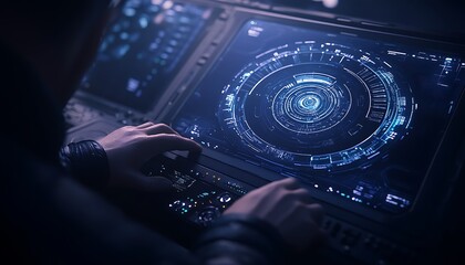 A futuristic control panel displays intricate holographic data, with a user manipulating controls, set in a dimly lit environment.