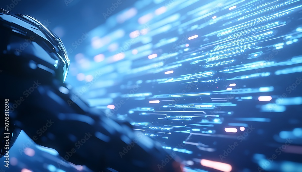 Poster A futuristic scene featuring a digital interface with glowing data streams and a partial view of a sleek, armored figure reaching out into the virtual world.