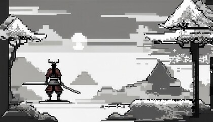 drawn pixel samurai in black and white