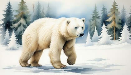 polar bear walking through snowy forest