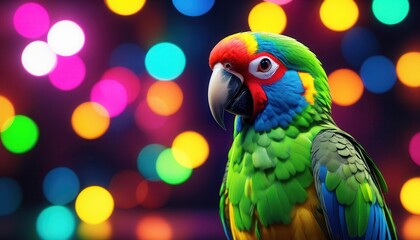 green parrot against a background of colorful lights