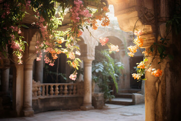 Fototapeta premium Another view of a flower-filled courtyard with hanging blossoms, stone columns, and greenery, showcasing a stunning blend of colors under soft sunlight for a tranquil outdoor setting.