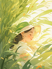 An illustration of a young girl surrounded by tall green grass, wearing a sun hat and smiling gently, capturing the essence of childhood and nature in a vibrant and lively setting.
