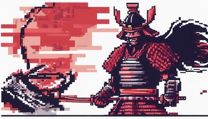 drawn pixel samurai on white background