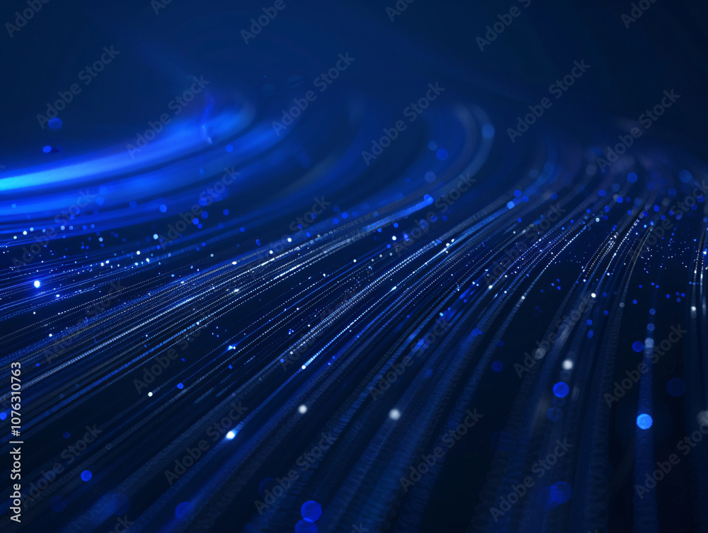 Poster an abstract representation of blue light streaks against a dark background, featuring glowing partic