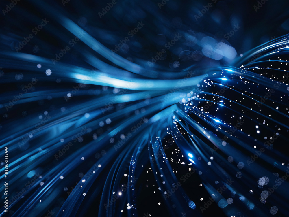 Poster a close-up view of swirling blue light trails and sparkling particles, creating a dynamic abstract b