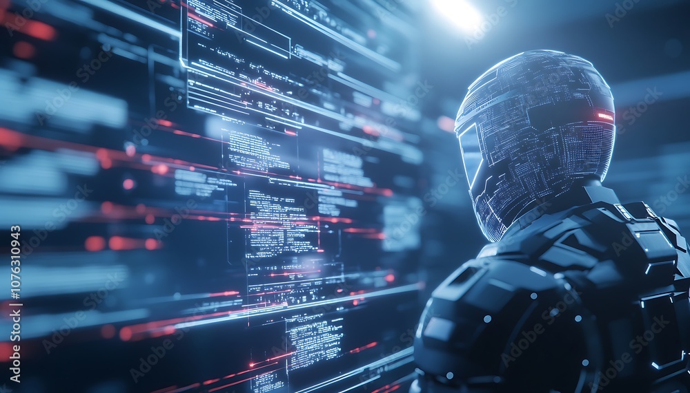 Poster A futuristic robot stands against a backdrop of digital data, symbolizing advanced technology and artificial intelligence.