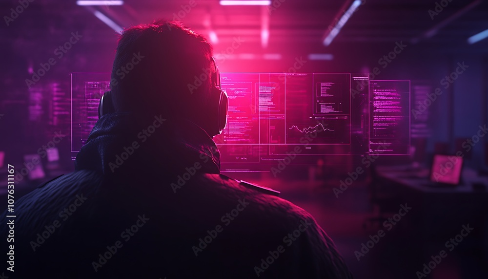 Aufkleber a person in headphones is focused on screens displaying code, surrounded by a vibrant, neon-lit envi