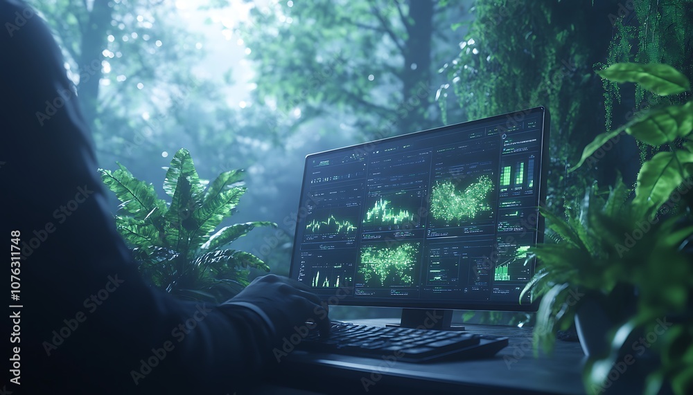 Aufkleber A person works on a computer surrounded by lush greenery in a misty forest, combining technology and nature for a tranquil yet high-tech atmosphere.