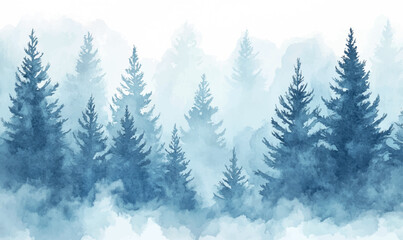 Obraz premium Watercolor background silhouettes of snow-covered pines in soft blue and white shades
