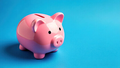 Cute Pink Piggy Bank on Vibrant Blue Background. Financial Savings Symbol and Money Management Concept. Perfect representation of savings, financial planning, and money management concepts