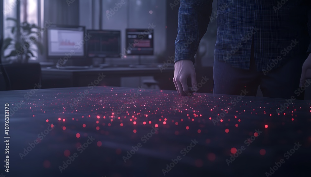 Fototapete A dimly lit room features a person interacting with a table of bright red dots, suggesting data analysis or mapping activity.