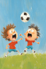 Playful Children Enjoying a Soccer Game in Vibrant Cartoon Art