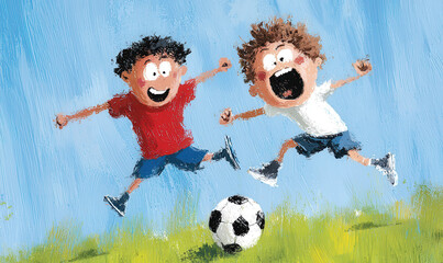 Energetic Children Playing Soccer in a Vibrant Cartoon Style Art Illustration