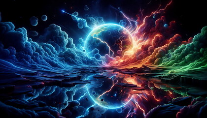 Earth Background, Colorful Landscape with Neon Lights, Bright and Tranquil Nature, for Home Decor, YouTube Thumbnail, Design, Music Cover Art, 4K Wallpaper