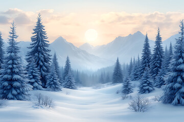 A winter landscape with snow-covered trees and mountains under a frosty sky at sunset with hints of blue, evoking the chill of Christmas and the beauty of nature's frozen season