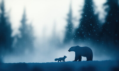 Enchanting Winter Encounter: Polar Bear and Arctic Fox in Misty Snowfall