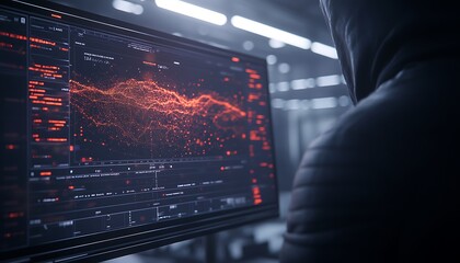 A shadowy figure analyzes red data visualizations on a high-tech monitor in a dark environment, suggesting themes of surveillance and cyberactivity.