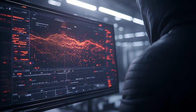 A shadowy figure analyzes red data visualizations on a high-tech monitor in a dark environment, suggesting themes of surveillance and cyberactivity.