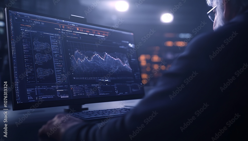 Fototapete A person analyzes data on a computer screen displaying complex graphs and statistics in a dimly lit environment.