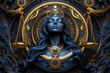 A gothic-style illustration of Lady Justice in dark tones, with dramatic shadows and an old-fashioned scale