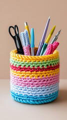 Fototapeta premium colorful crocheted pen holder filled with various knitting needles, pens, and scissors, showcasing vibrant yarn patterns. Perfect for organizing craft supplies with cheerful touch