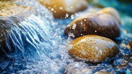 A close-up of water splashing over smooth stones at the base of a secret waterfall, capturing the essence of tranquility 