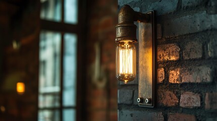 A close-up shot of a vintage-style light fixture mounted on a brick wall. The light is on and casting a warm glow.